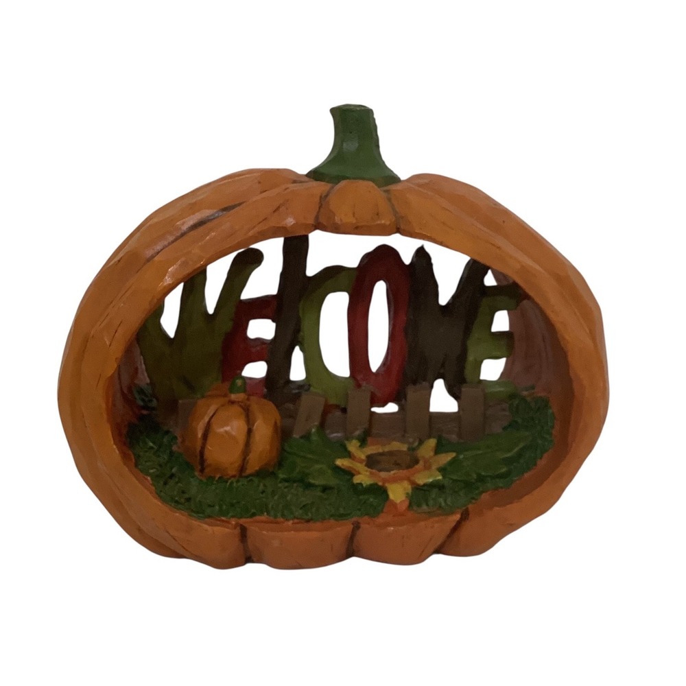 Fall Welcome Pumpkin Diorama Figurine Orange Resin Sunflower Harvest Decor